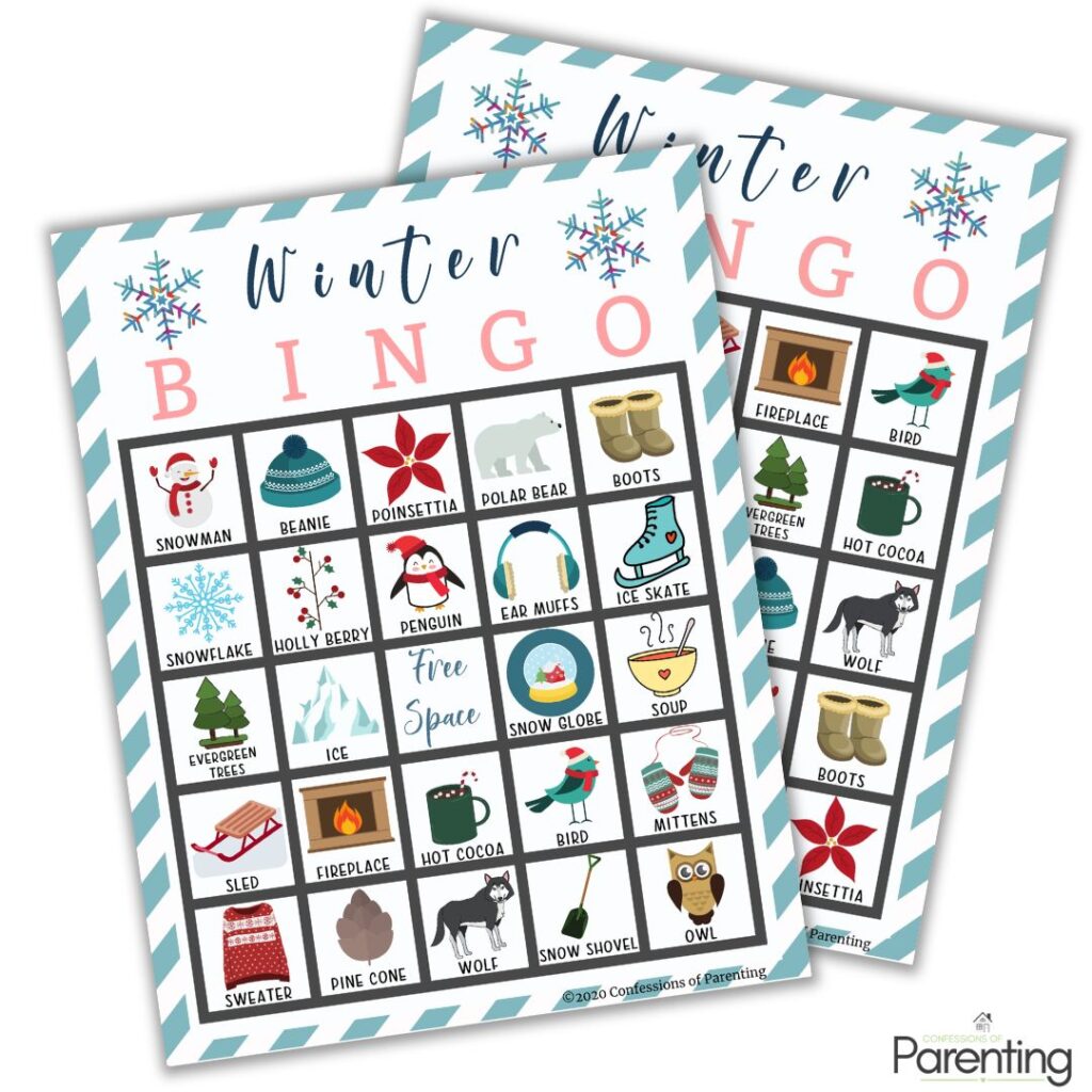 Printable winter bingo cards with illustrated squares like snowman, penguin, boots, hot cocoa, and “free space,” in pastel holiday design.