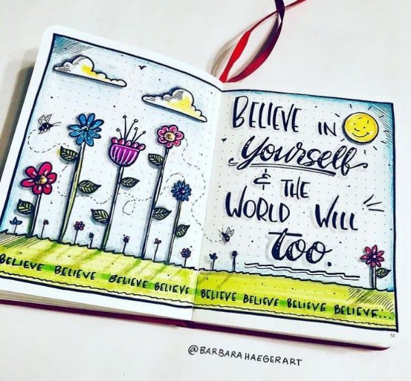 Believe in yourself quote with doodles of flowers