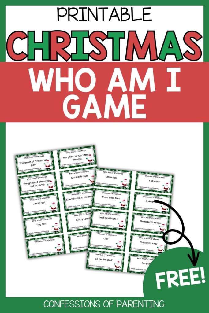 Printable Christmas Who Am I game cards featuring festive holiday characters for kids and family fun