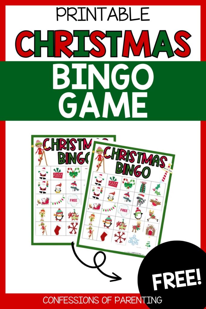 Free printable Christmas bingo game with festive holiday icons, including Santa, elves, penguins, snowflakes, and gifts, shown on two colorful bingo cards.