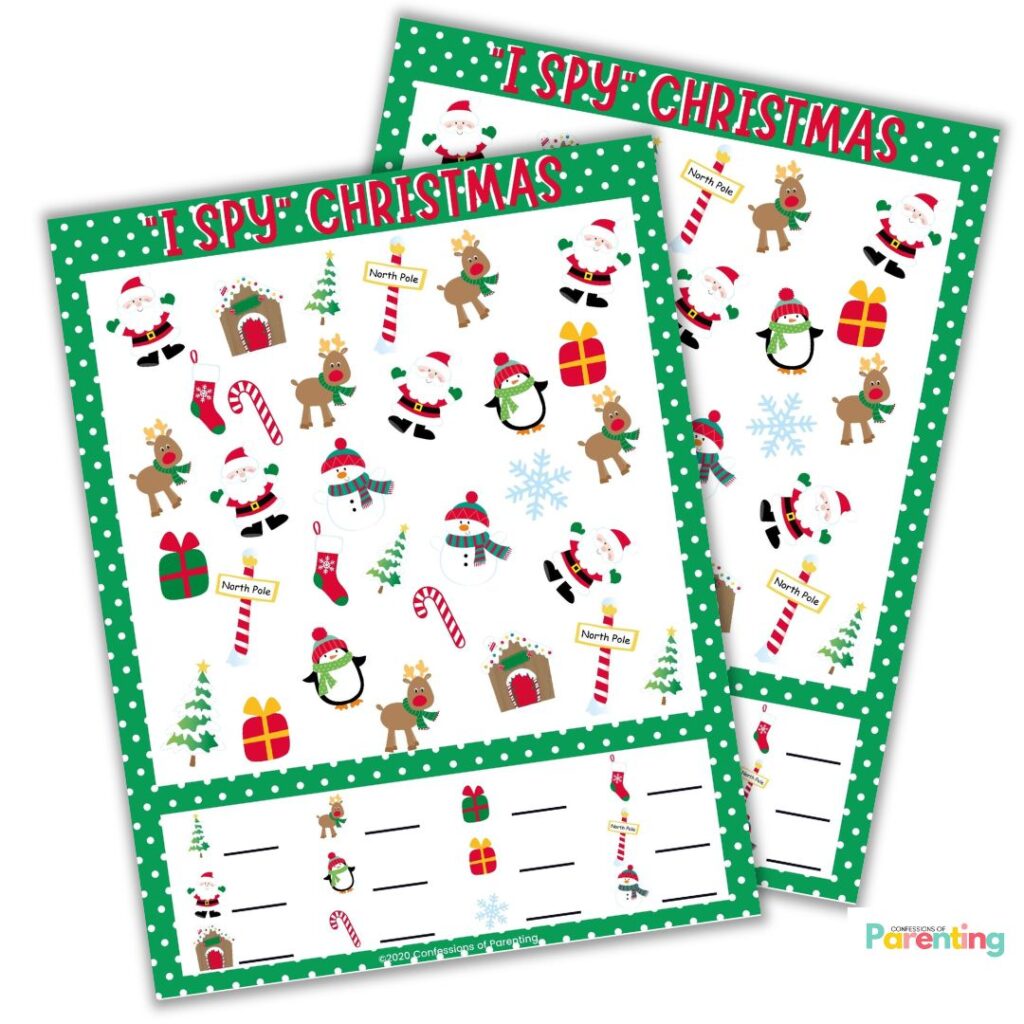 Christmas I Spy printable worksheet with Santa, reindeer, snowmen, and holiday icons for kids to find and count.