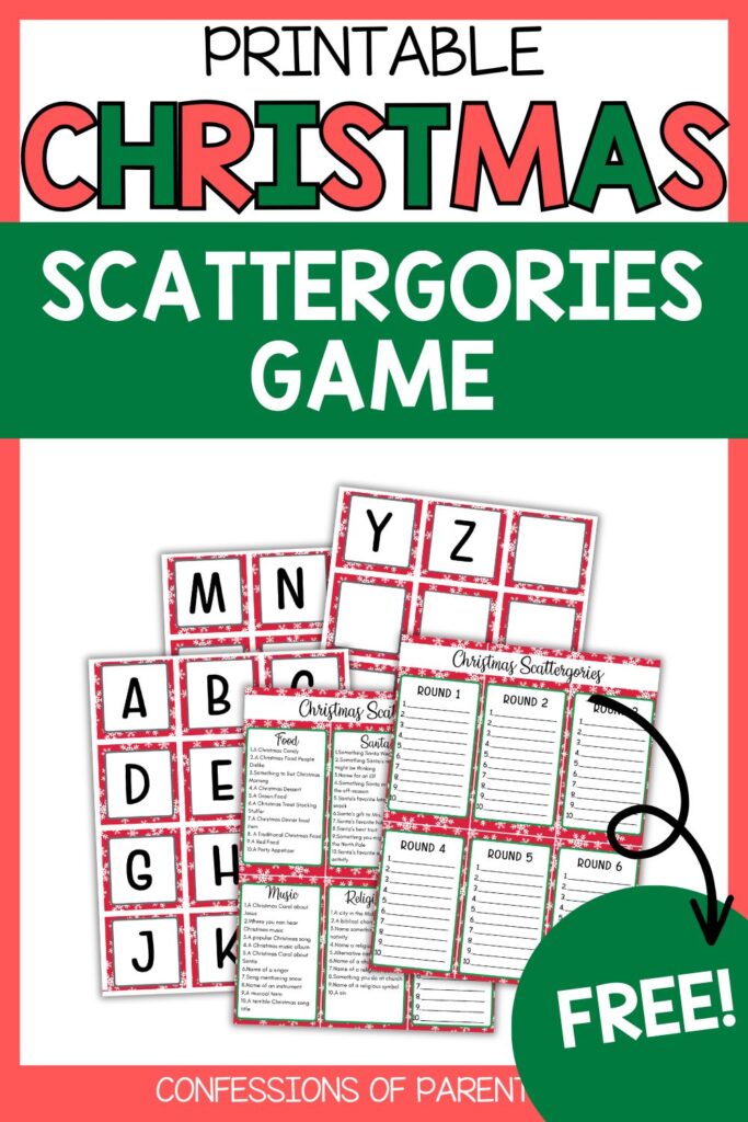 Printable Christmas Scattergories game with letter cards and holiday-themed category sheets for families and parties.