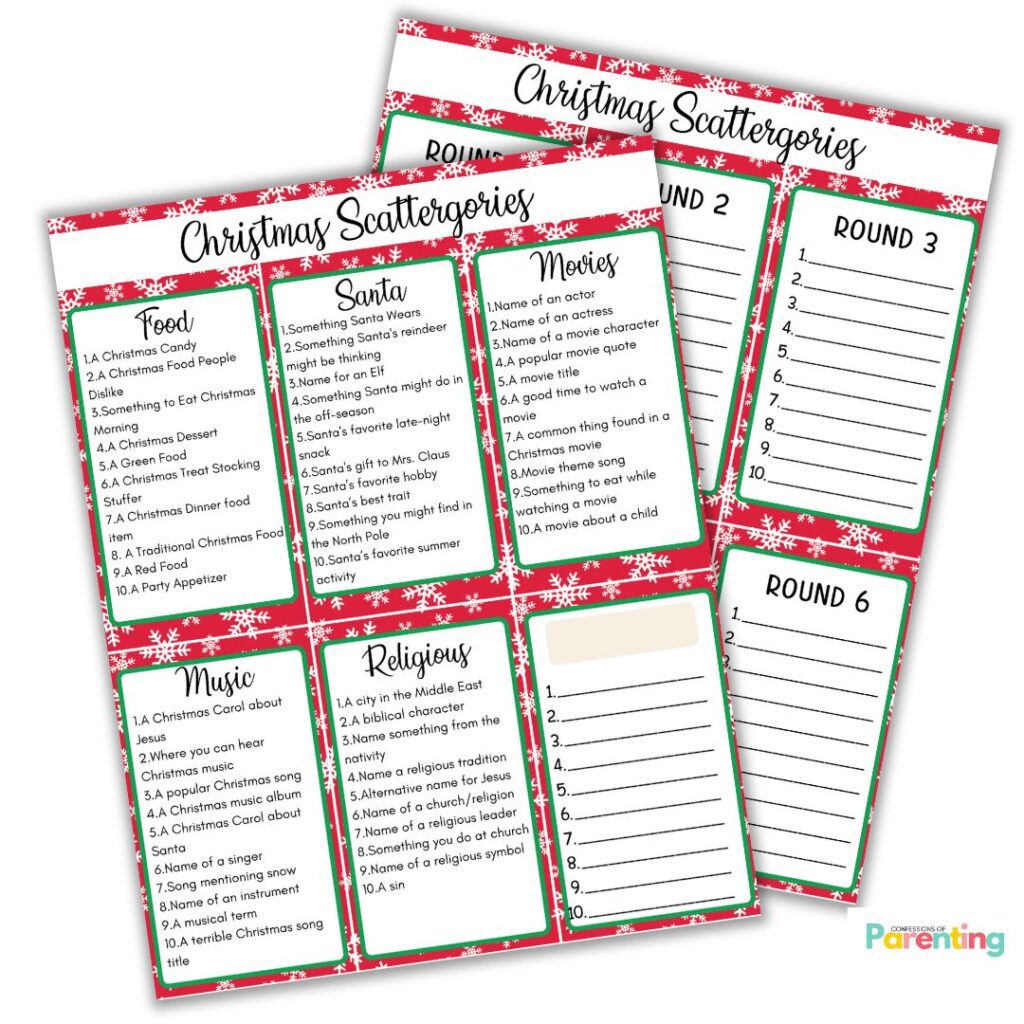 Christmas Scattergories printable game sheets with holiday-themed categories and blank rounds for family play.