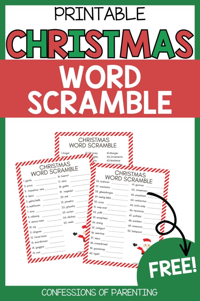 Printable Christmas Word Scramble game with two holiday-themed worksheets and a free download label.