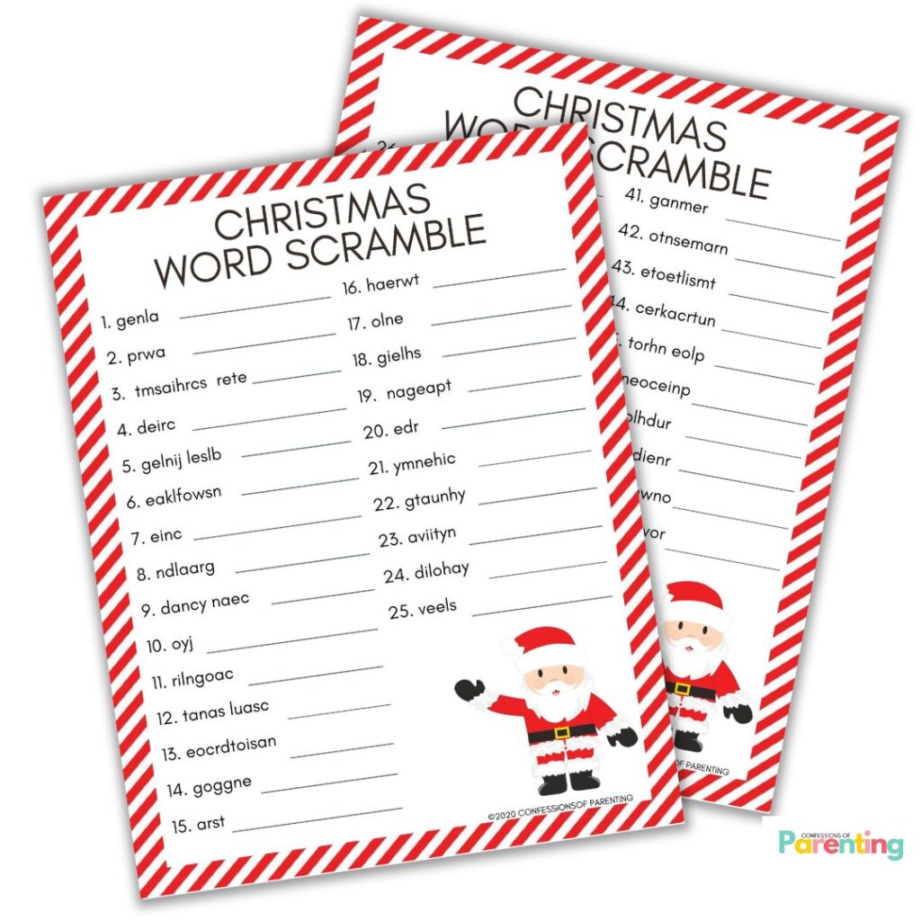 Christmas Word Scramble printable worksheets with scrambled holiday words and a candy cane border.