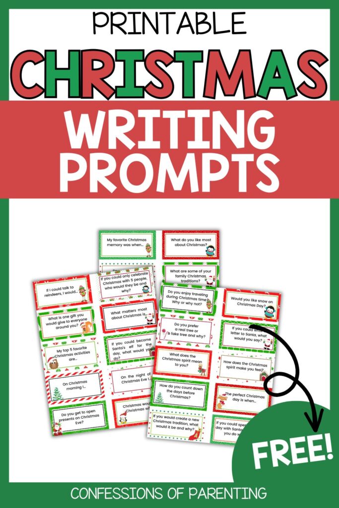 Printable Christmas writing prompts for kids shown on colorful cards with holiday designs.