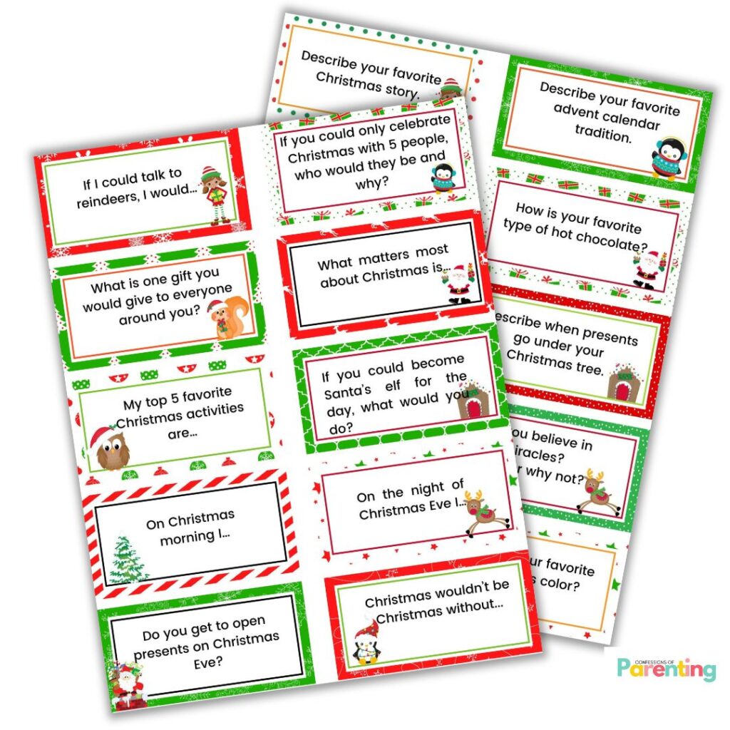 Christmas writing prompt cards for kids featuring creative holiday questions and festive borders.