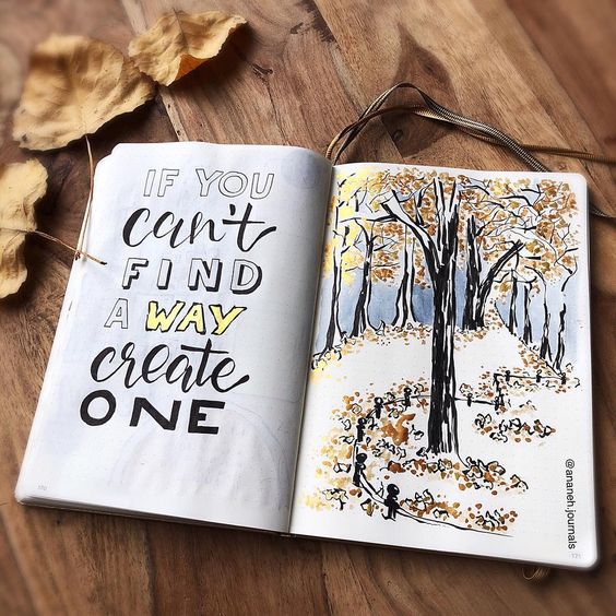 Pathway quote with leaves and a doodle of a path with autumn trees