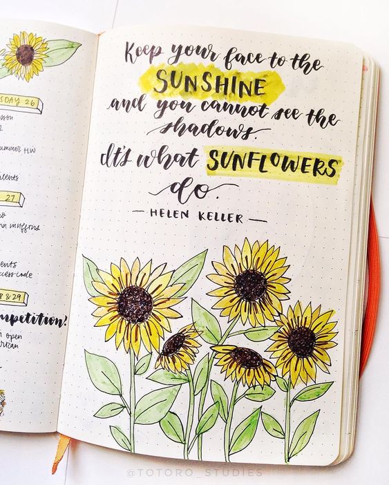 bullet journal sunflower quote with sunflowers