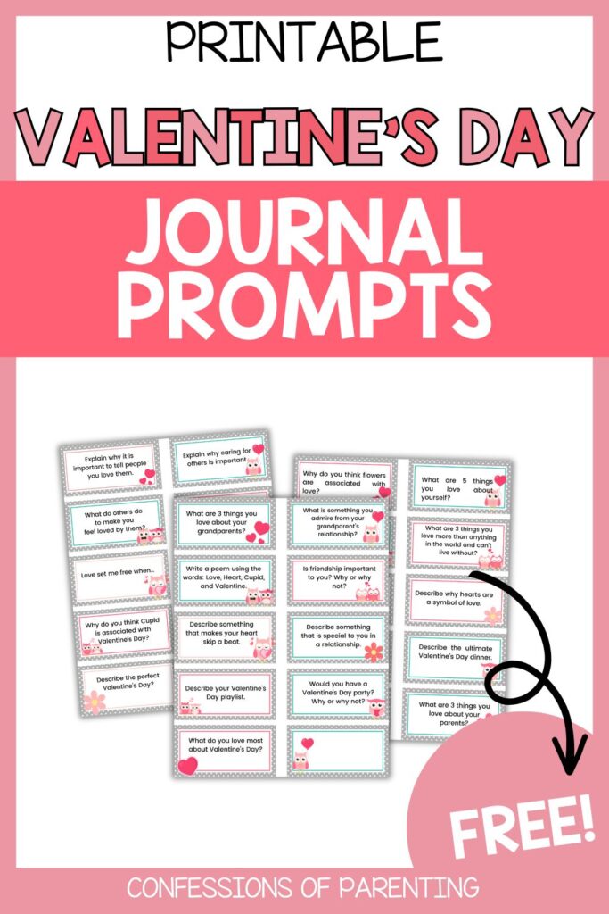 Printable Valentine’s Day journal prompts for kids with heart-themed cards and writing questions, free printable from Confessions of Parenting.