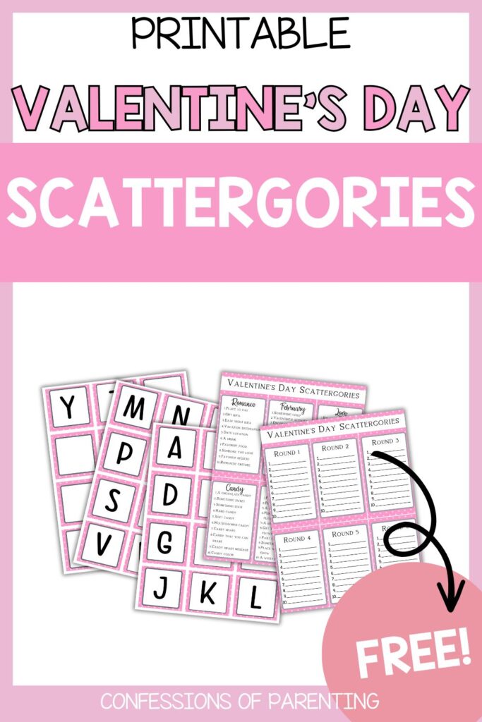 Printable Valentine’s Day Scattergories game featuring letter cards and themed game sheets in pink, shown as a free family printable.