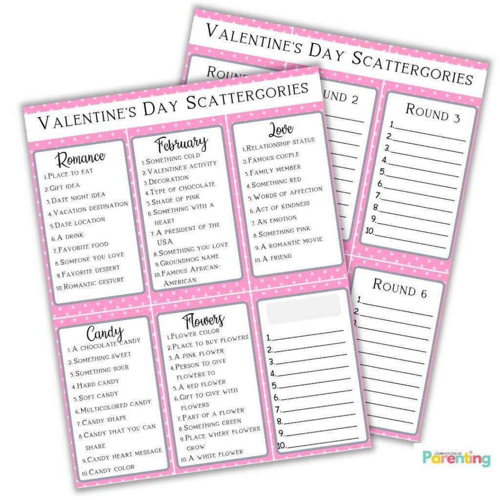 Valentine’s Day Scattergories printable pages with romance, candy, flowers, and love categories, designed for kids and family game night.