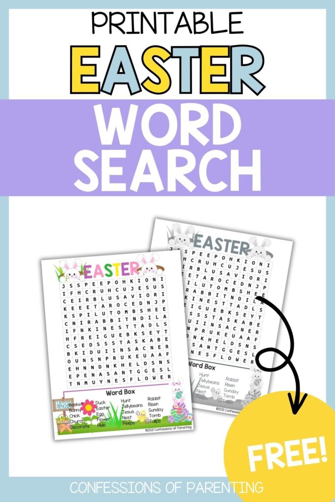 Printable Easter word search graphic with bold pastel text and preview pages, highlighting a free Easter activity