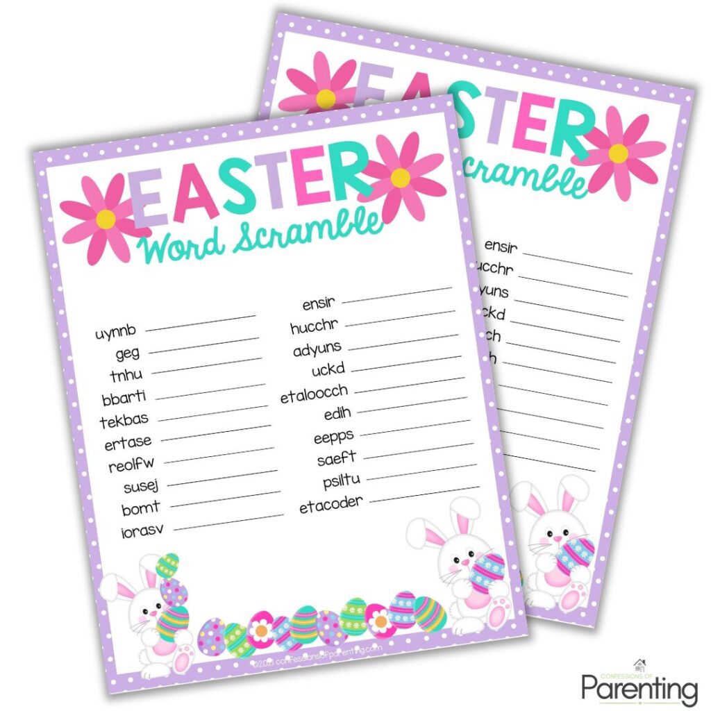 Printable Easter Word Scramble game with purple polka dot border, bunny and colorful Easter eggs, featuring scrambled Easter words for kids to solve.