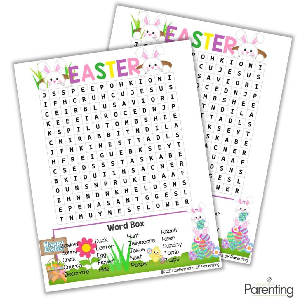 Printable Easter word search sheets with colorful bunny and spring illustrations, featuring Easter-themed words like Jesus, bunny, egg, tulips, and peeps.