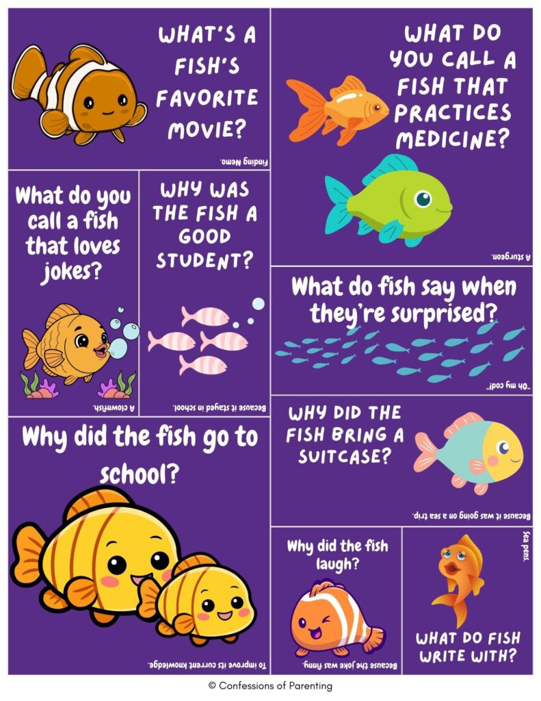 Fish jokes collage with cartoon fish and kid-friendly fish puns and riddles on a purple background.