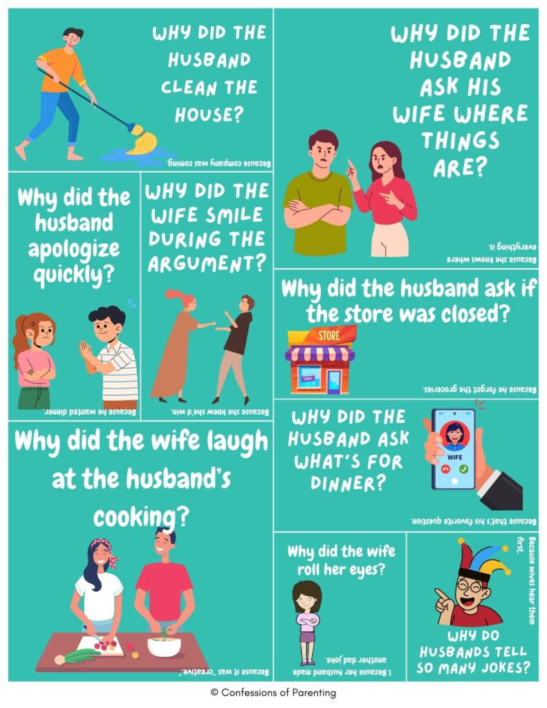 Collage of funny husband and wife jokes with cartoon couples arguing, cooking, cleaning, and texting, paired with lighthearted marriage and relationship punchlines.