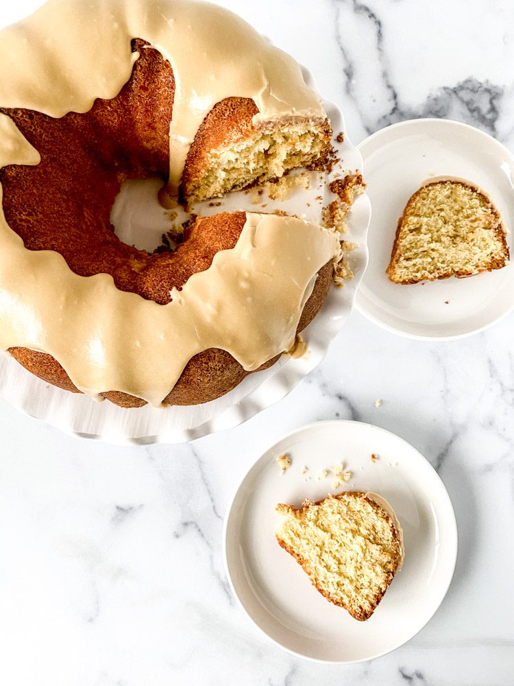 buttermilk pound cake with 2 slices cut out