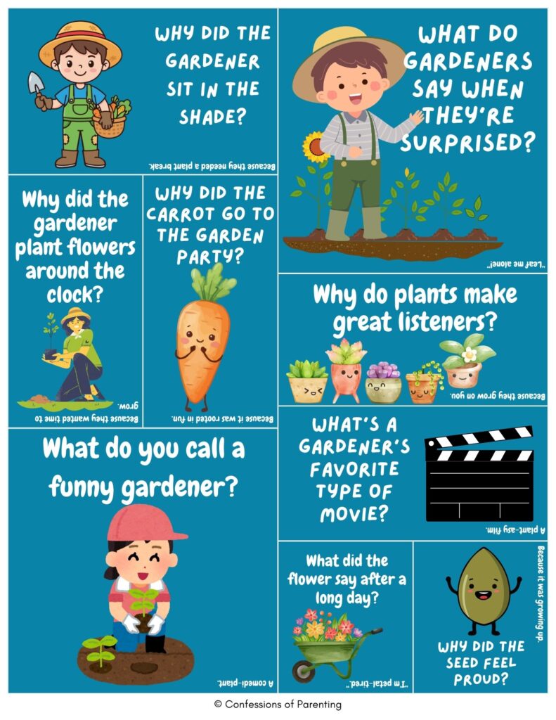 Teal collage of kid-friendly gardening jokes featuring cartoon gardeners, plants, carrots, flowers, and seeds with playful garden-themed riddles and plant puns.