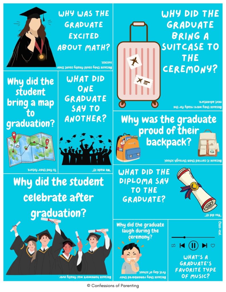 Blue collage of graduation jokes with cute illustrations like a graduate, suitcase, map, backpacks, diploma, and students celebrating.