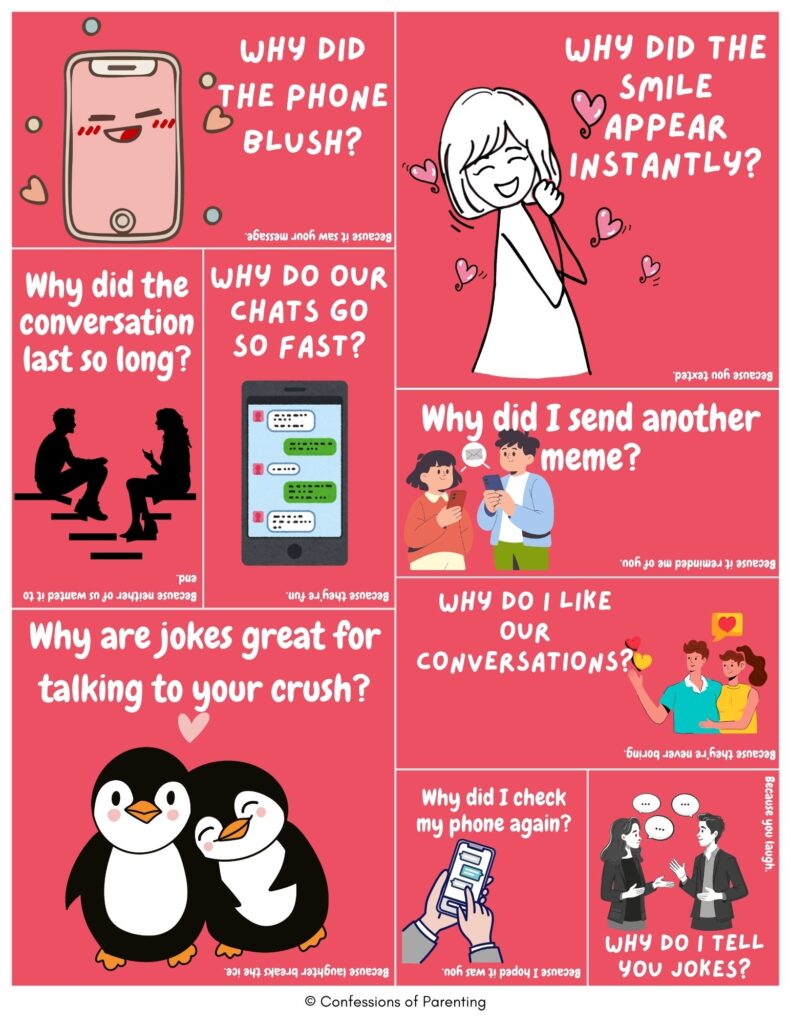 Pink collage of cute illustrations with flirty questions and answers about texting a crush, including a blushing phone, chatting couple, memes, penguins, and smiles.