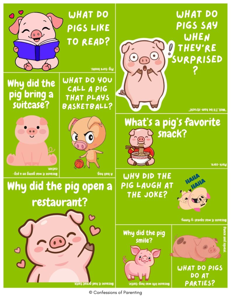 Bright green collage of kid-friendly pig jokes featuring cute cartoon pigs reading, playing basketball, eating snacks, and laughing with silly farm-themed riddles and puns.