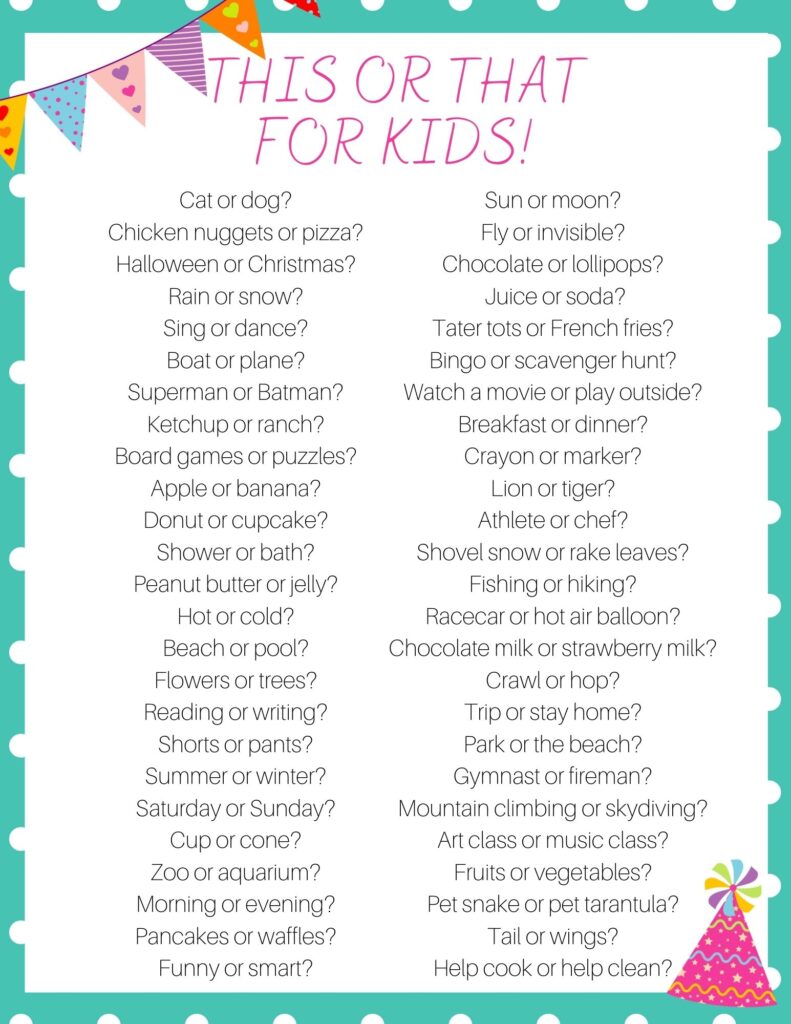 Print out of this or that for kids list