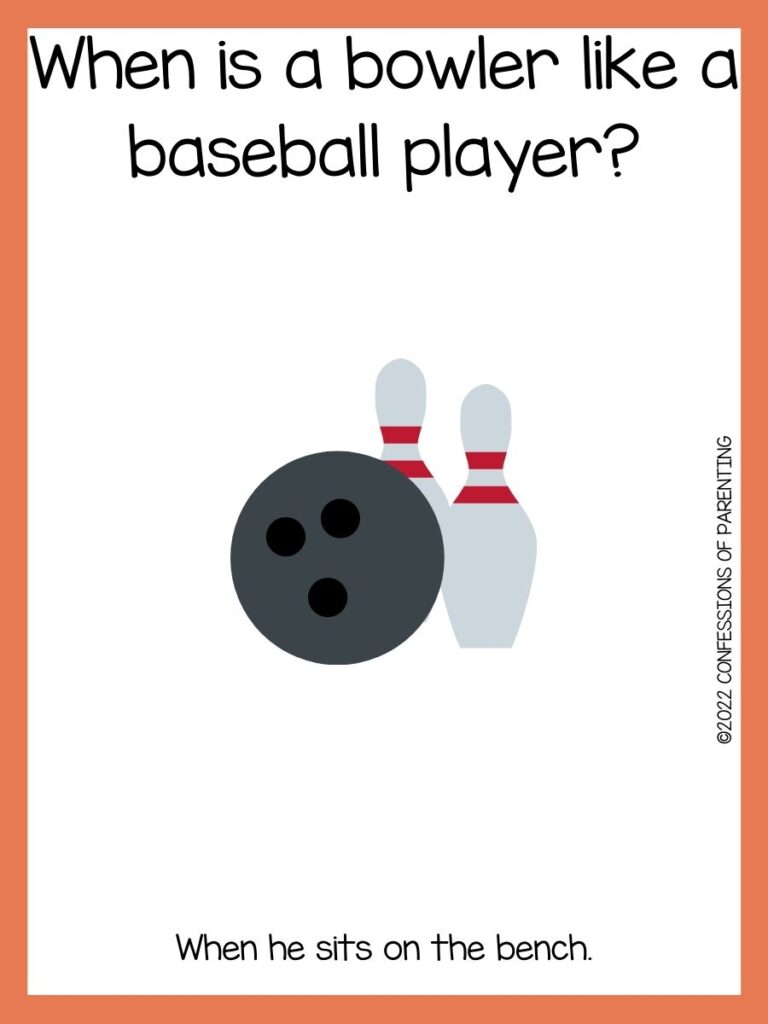 Bowling ball with 2 pins and bowling joke with an orange border