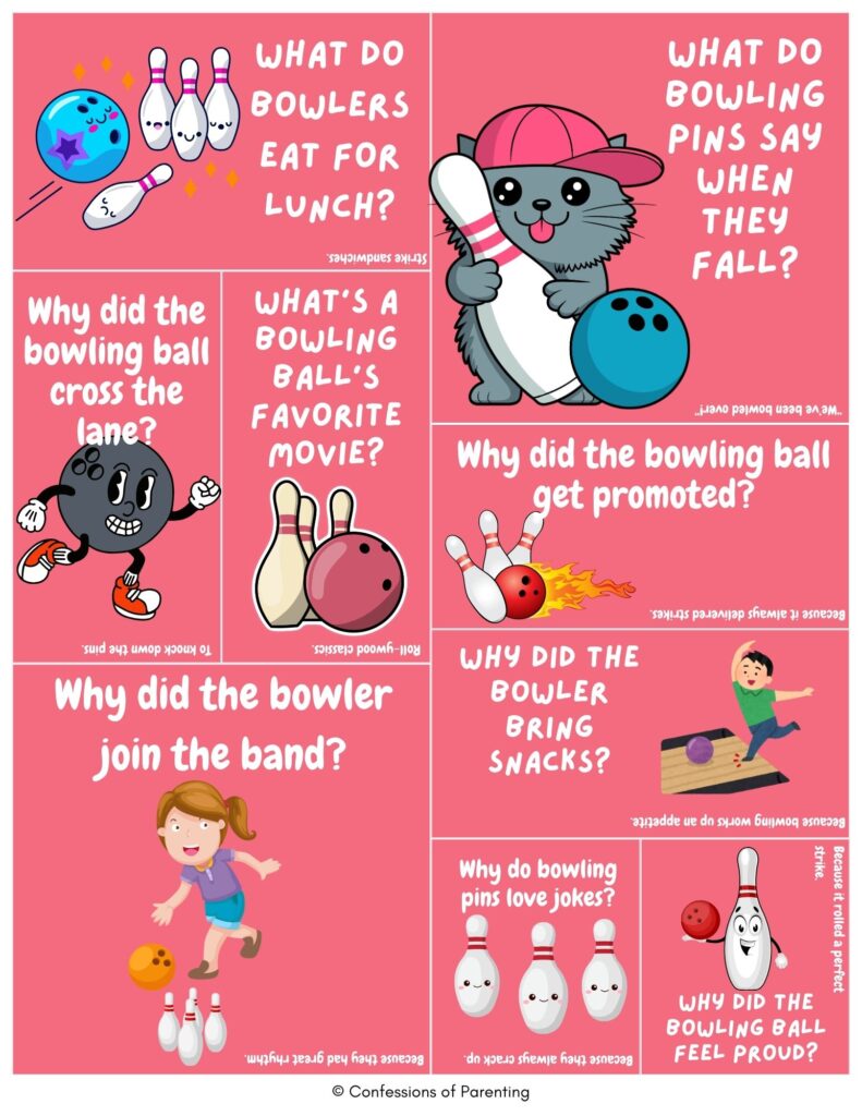 Pink collage of kid-friendly bowling jokes featuring cartoon bowling balls, pins, and bowlers with playful puns and silly sports-themed riddles.