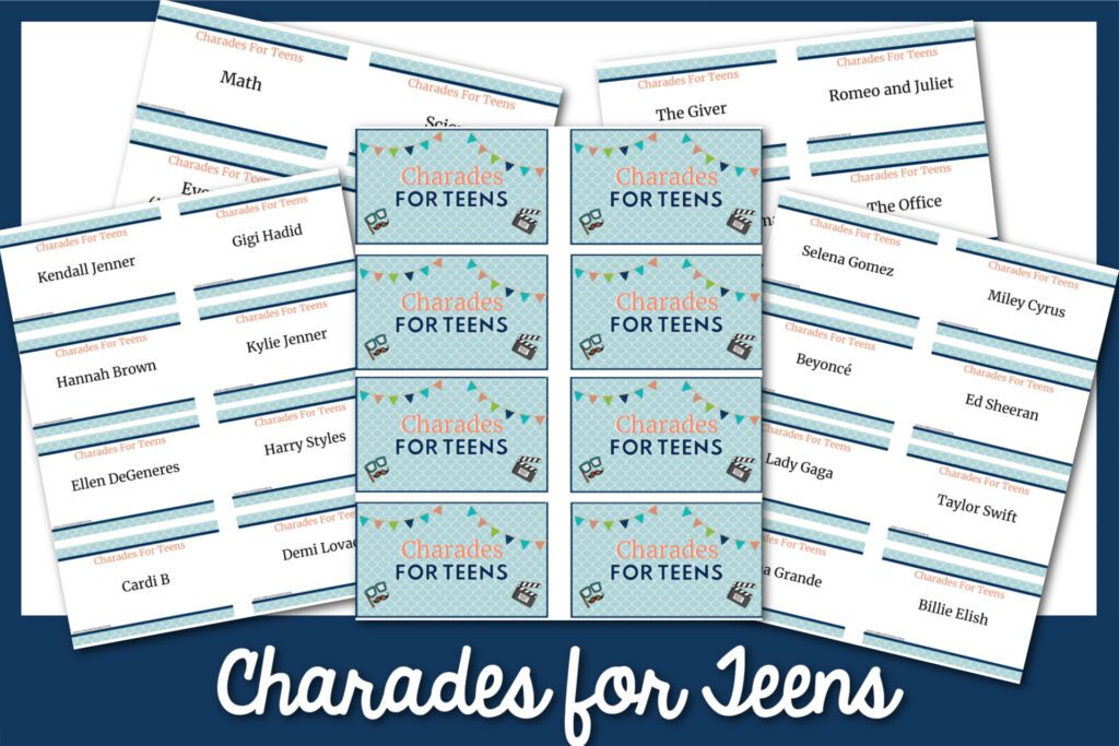 charades for teens with sample printables on white background with dark blue border 