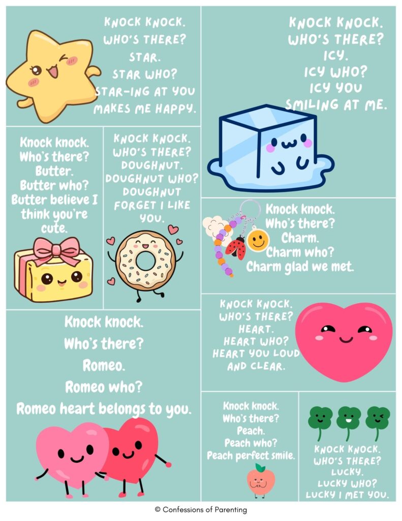 Teal collage of cute flirty knock-knock jokes featuring cartoon hearts, stars, donuts, gifts, and other playful characters with sweet kid-friendly puns.