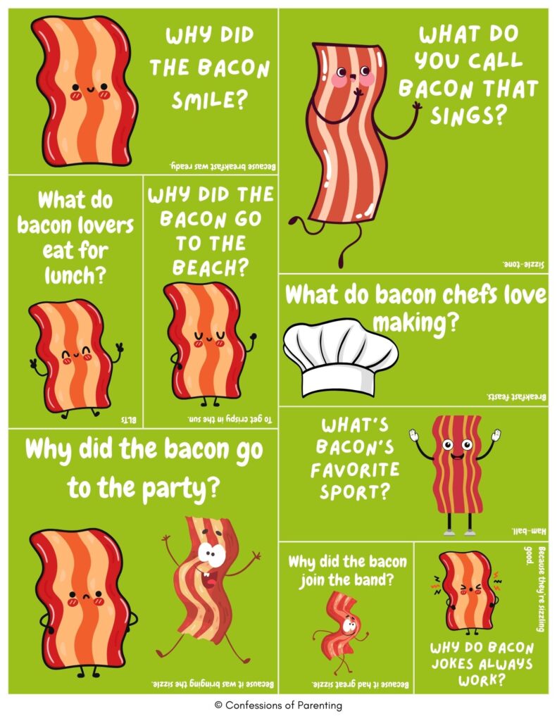 Green collage of kid-friendly bacon jokes featuring cute cartoon bacon strips asking silly food-themed riddles and breakfast puns.
