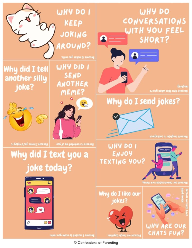 Peach-colored collage of playful jokes to tell a girl featuring cute illustrations of texting, laughing emojis, hearts, and conversations with lighthearted relationship and texting puns.