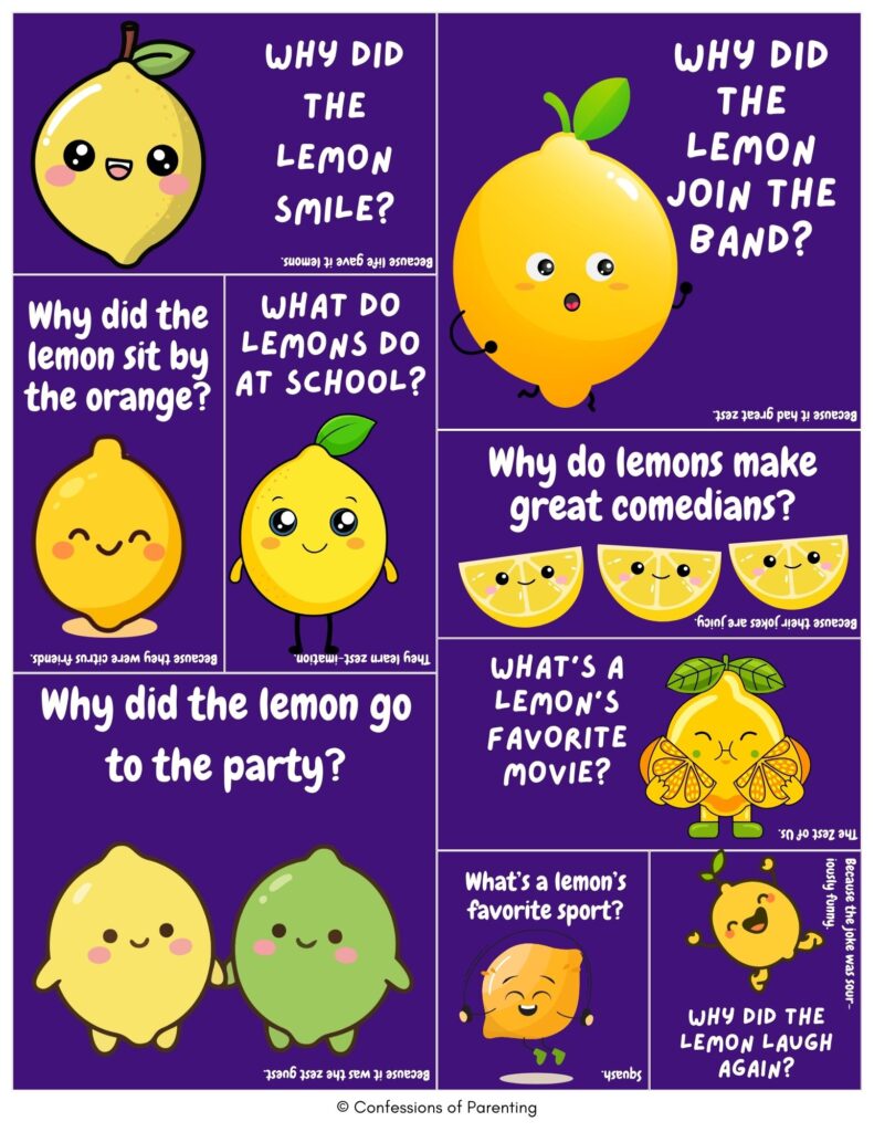 Purple collage of kid-friendly lemon jokes featuring cute cartoon lemons asking silly riddles and citrus-themed puns about school, movies, sports, and parties.