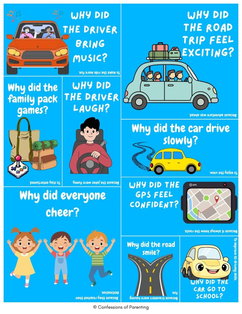 Blue collage of kid-friendly road trip jokes featuring cartoon cars, families traveling, roads, and GPS icons with playful travel-themed riddles and puns.