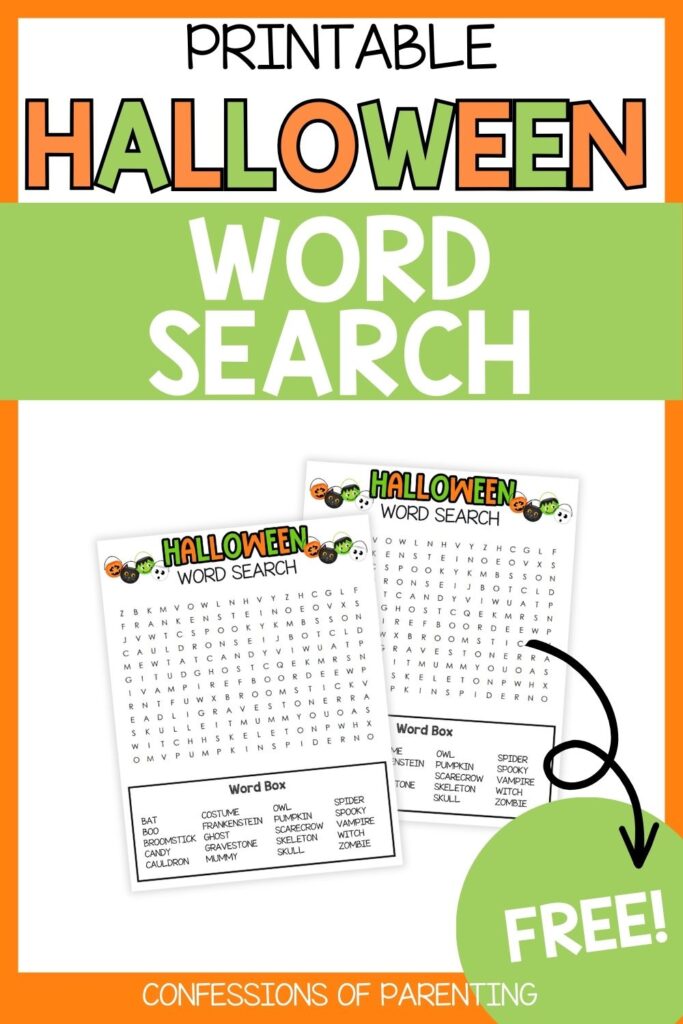 Free printable Halloween word search game from Confessions of Parenting, featuring two word search pages with themed illustrations and a labeled word box.