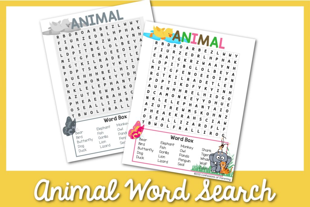 1 black and white, 1 color animal word search worksheets with yellow border