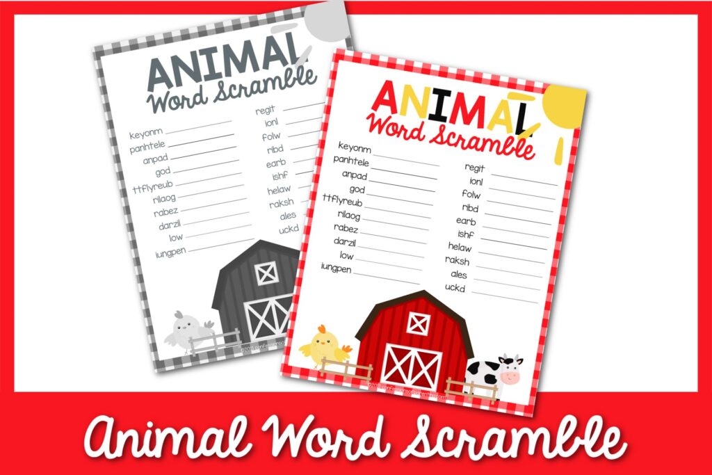 1 black and white, 1 color animal word scramble worksheets with red border