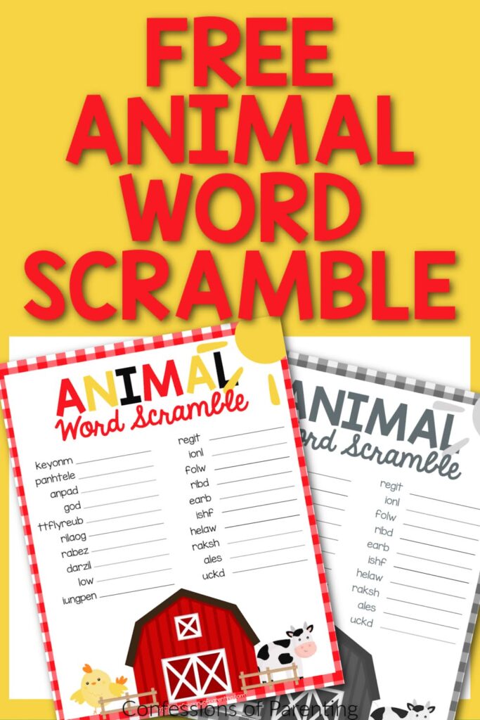 1 color, 1 black and white animal word scrambles with yellow border