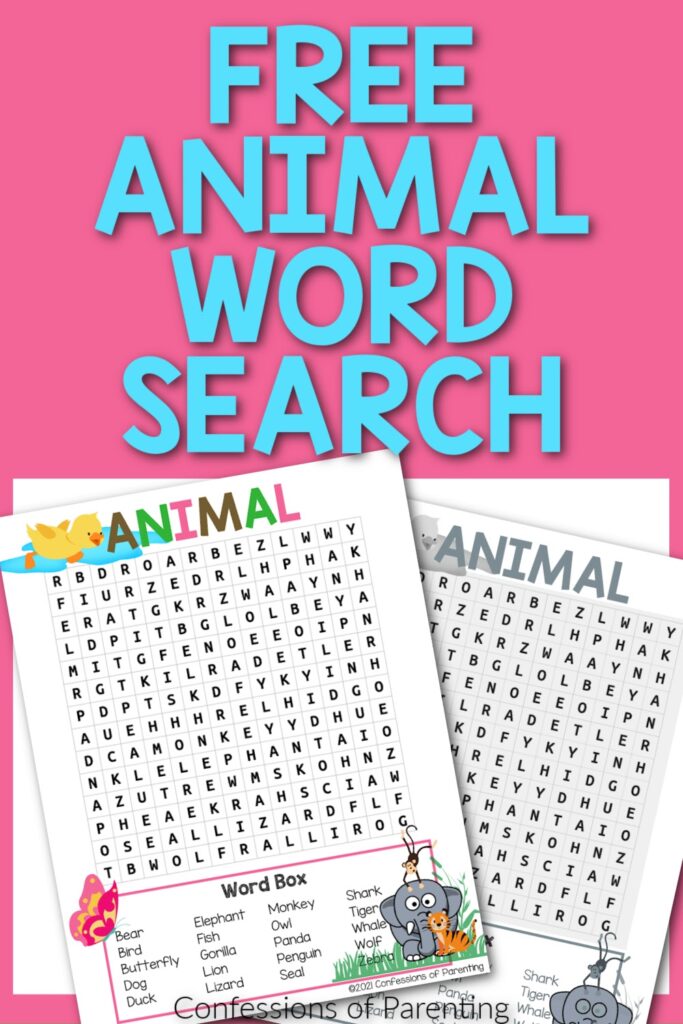 1 color, 1 black and white animal word search worksheets with pink border