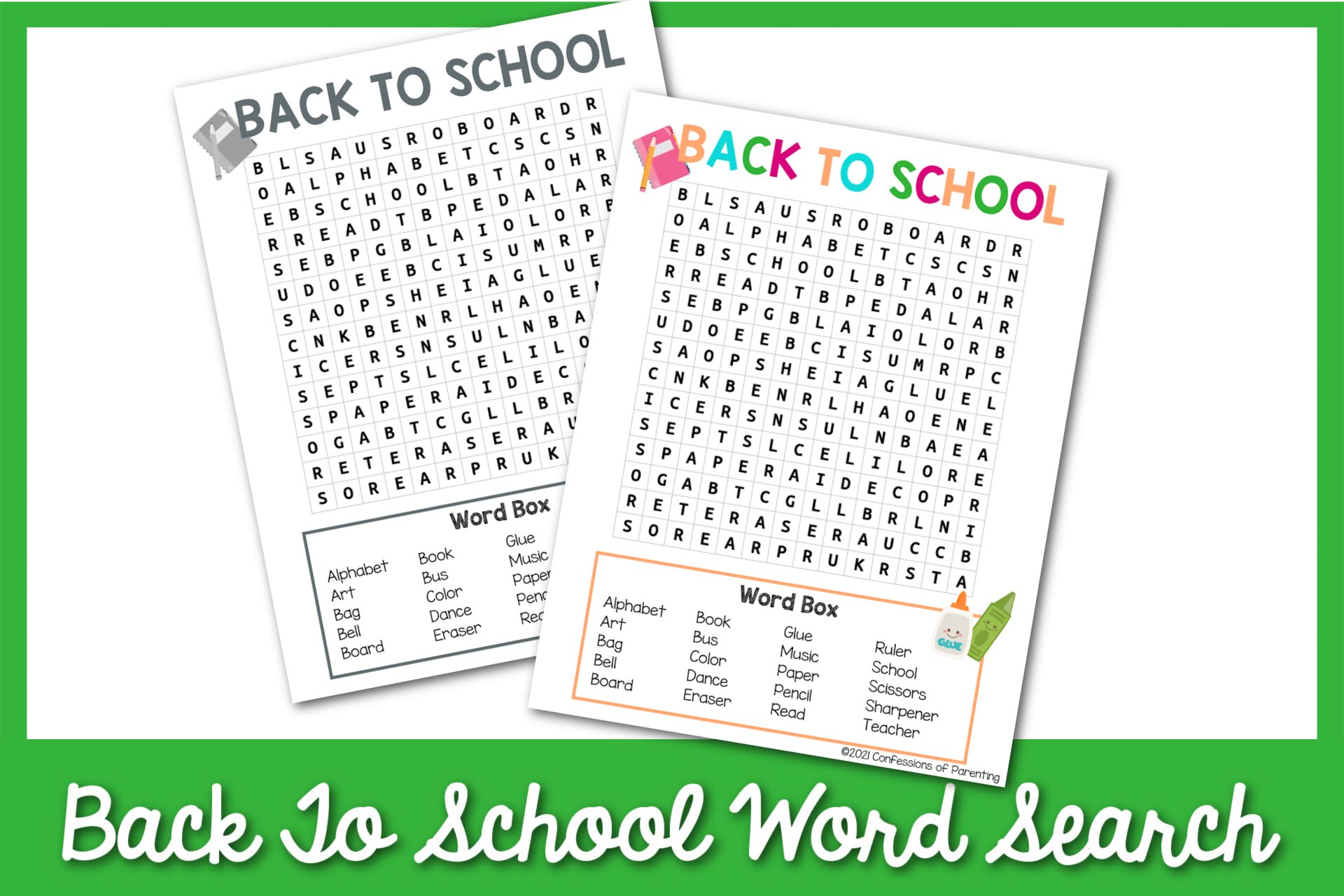 Feature: Back to school word search printable with green border
