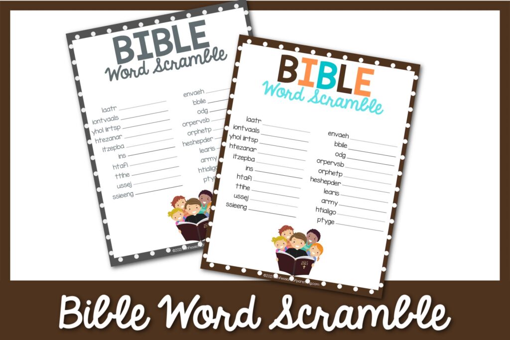 1 black and white, 1 color Bible word scrambles with black border