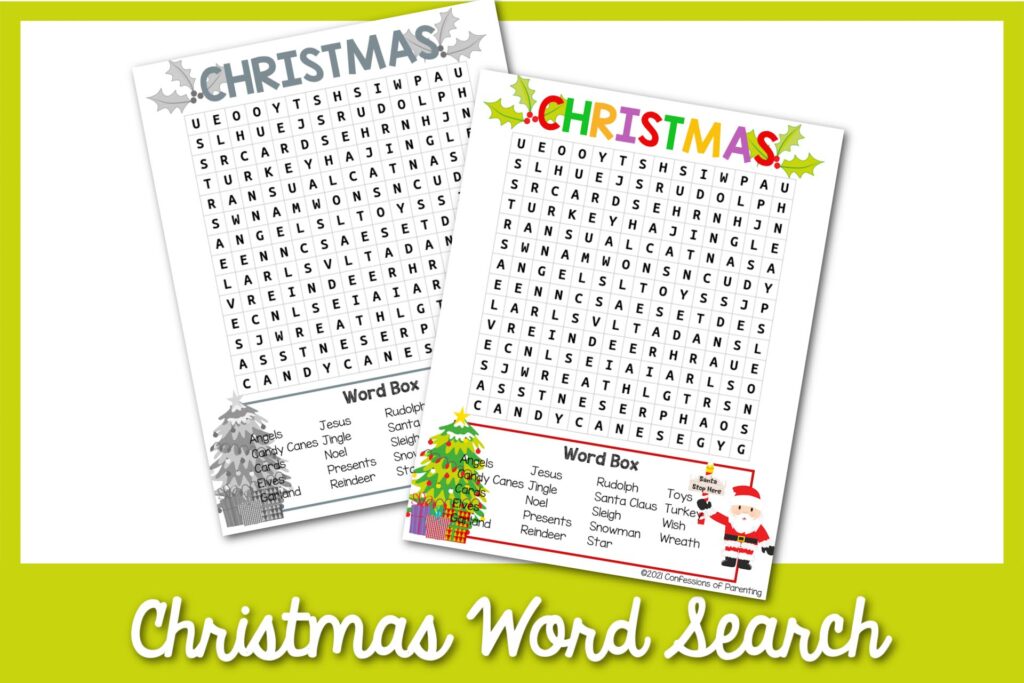 1 black and white, 1 color Christmas word search worksheets with yellow border
