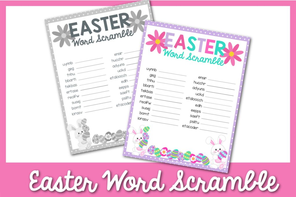 1 black and white, 1 color Easter word scramble with a light purple border