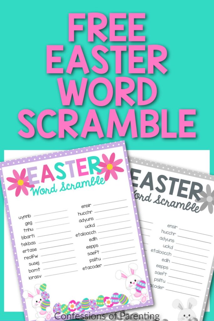 1 color, 1 black and white Easter word scramble printables with a light blue border.