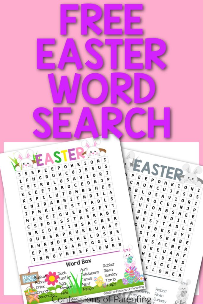 Two Easter word search printables with a purple border.