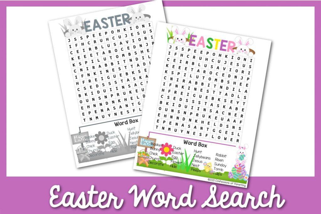 Two Easter word search printables with purple border