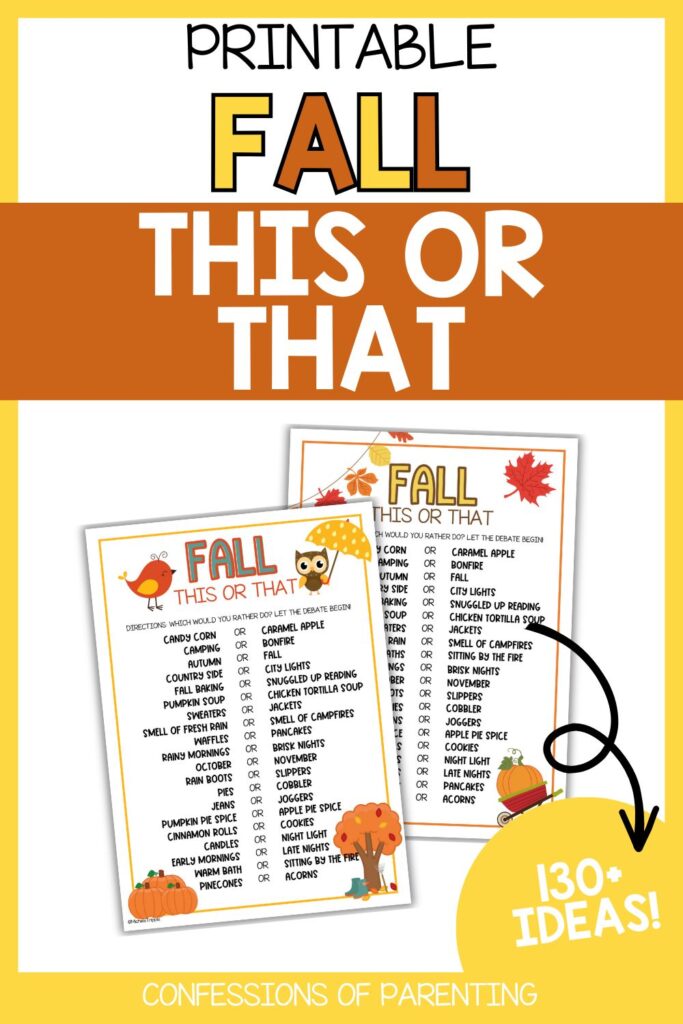 Pinterest Pin: teal border with Fall This or That Questions game PDF mockup with Fall This or That Questions printable
