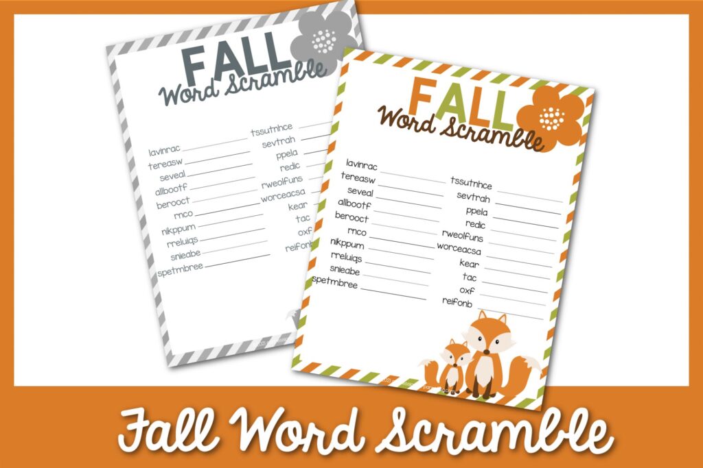 1 black and white and 1 color fall scramble worksheets with orange border