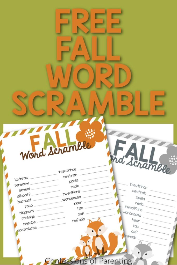 Two Fall word scramble worksheets with a green border